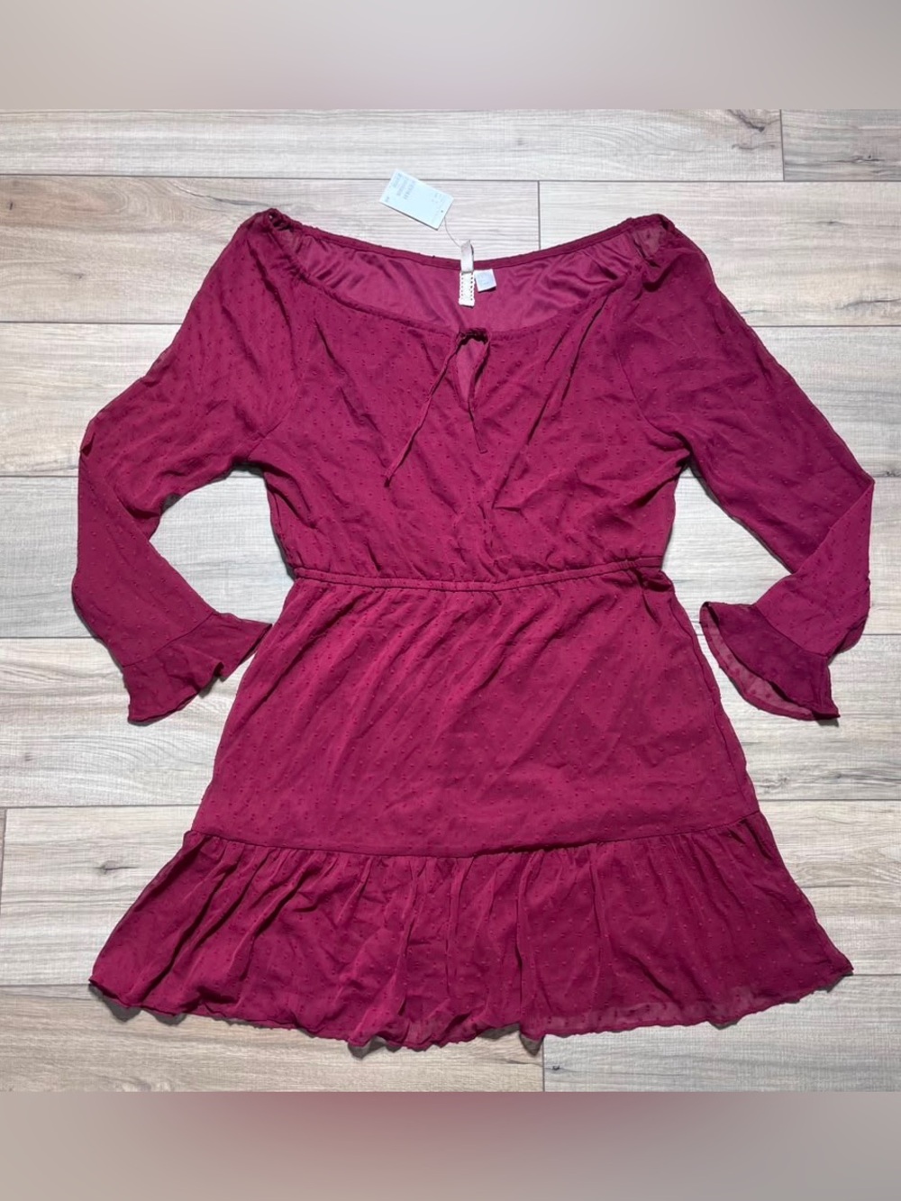 Divided‎ H&M Womens Swiss Dot Sheer Long Sleeve Lines Dress Large Burgundy